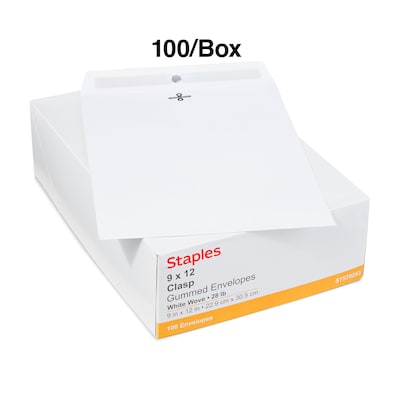Staples® Wove Clasp Envelopes, 9" x 12", White, 100/Box (570253/14210)