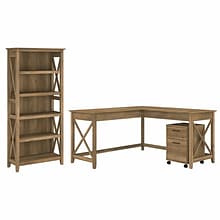 Bush Furniture Key West 60W L Shaped Desk with 2 Drawer Mobile File Cabinet and 5 Shelf Bookcase, R