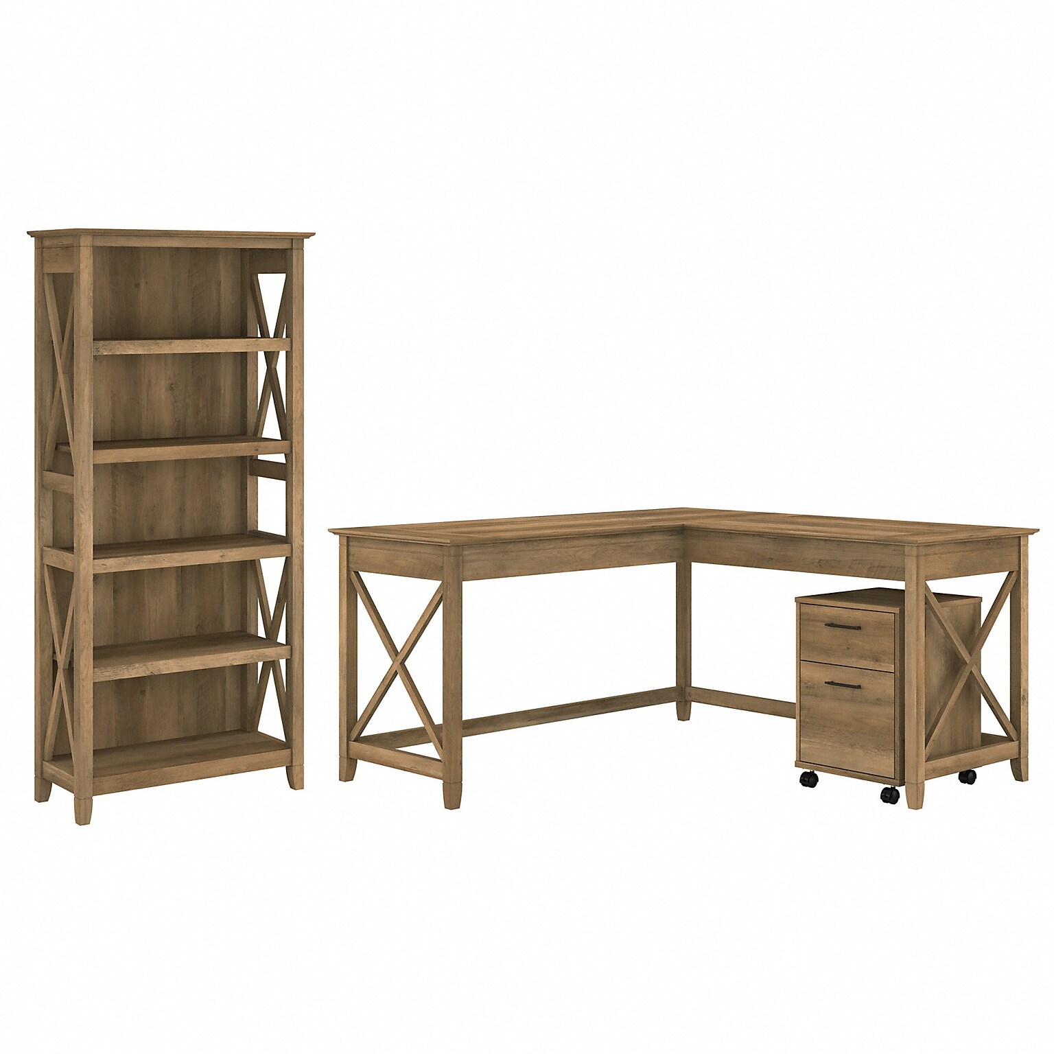 Bush Furniture Key West 60W L Shaped Desk with 2 Drawer Mobile File Cabinet and 5 Shelf Bookcase, Reclaimed Pine (KWS016RCP)