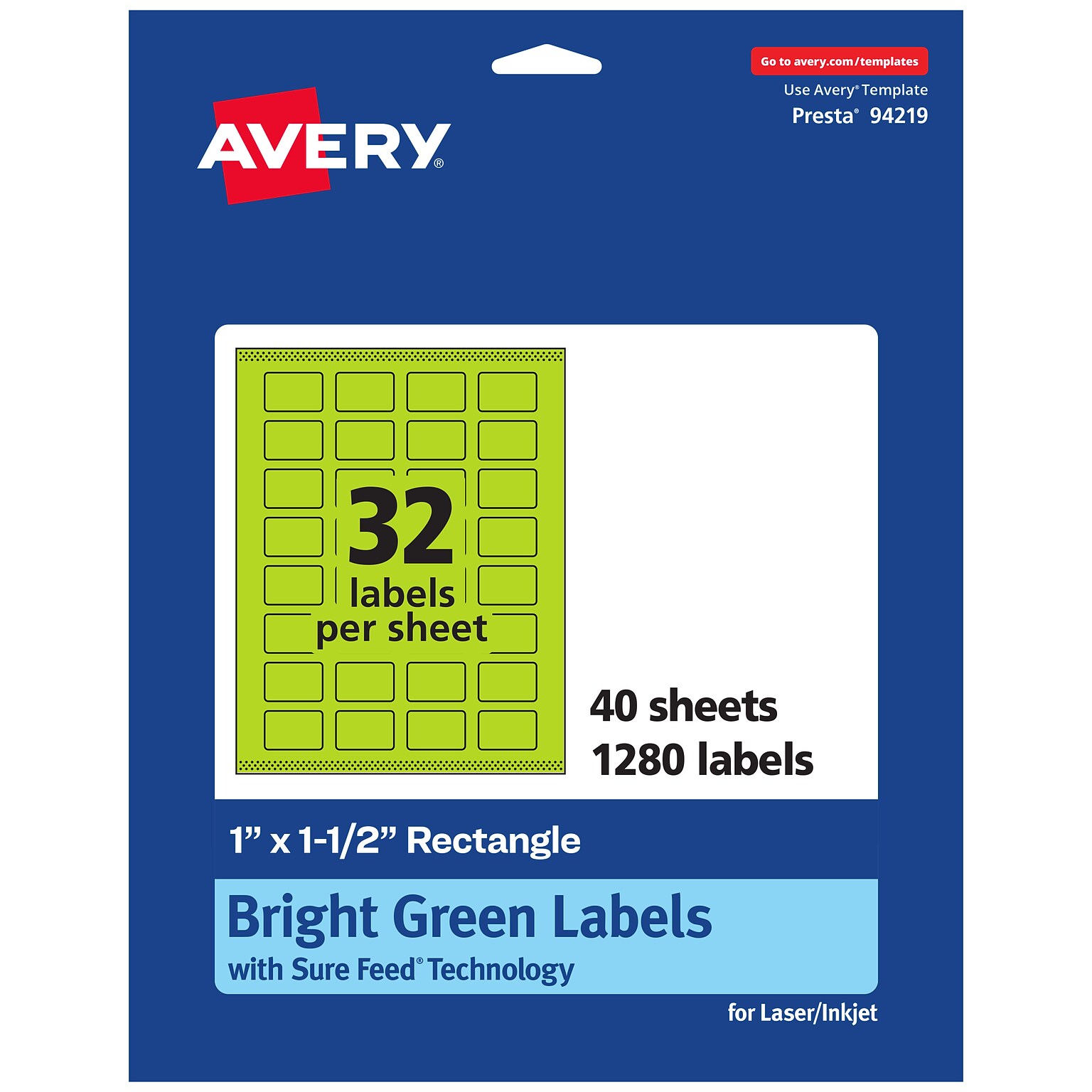 Avery Laser/Inkjet Multipurpose Rectangle Labels, 1 x 1.5, Bright Green, 1280/Pack (94219)