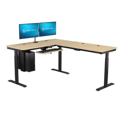 VersaDesk PowerLift 60"W Electric L-Shaped Adjustable Standing Desk, Maple/Black (PLLSD7260-BM-APP)