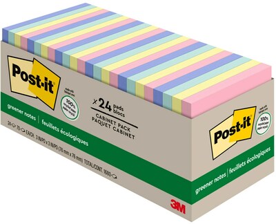 Post-it Greener Notes, 3 x 3, Sweet Sprinkles Collection, 75 Sheets/Pad, 24 Pads/Cabinet Pack (654