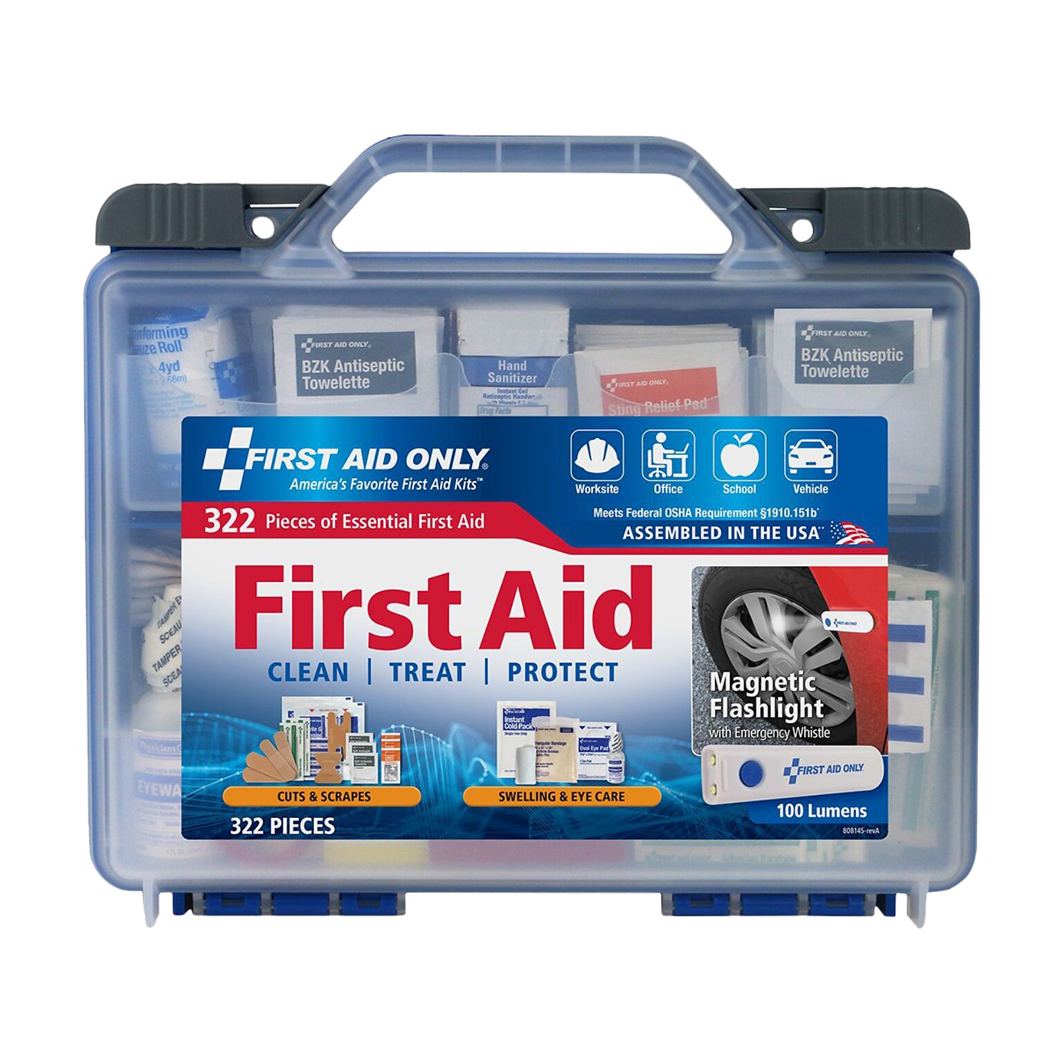 First Aid Only Plastic First Aid Kit with Magnetic Flashlight, 50 People, 322 Pieces, Clear/Blue (91414)
