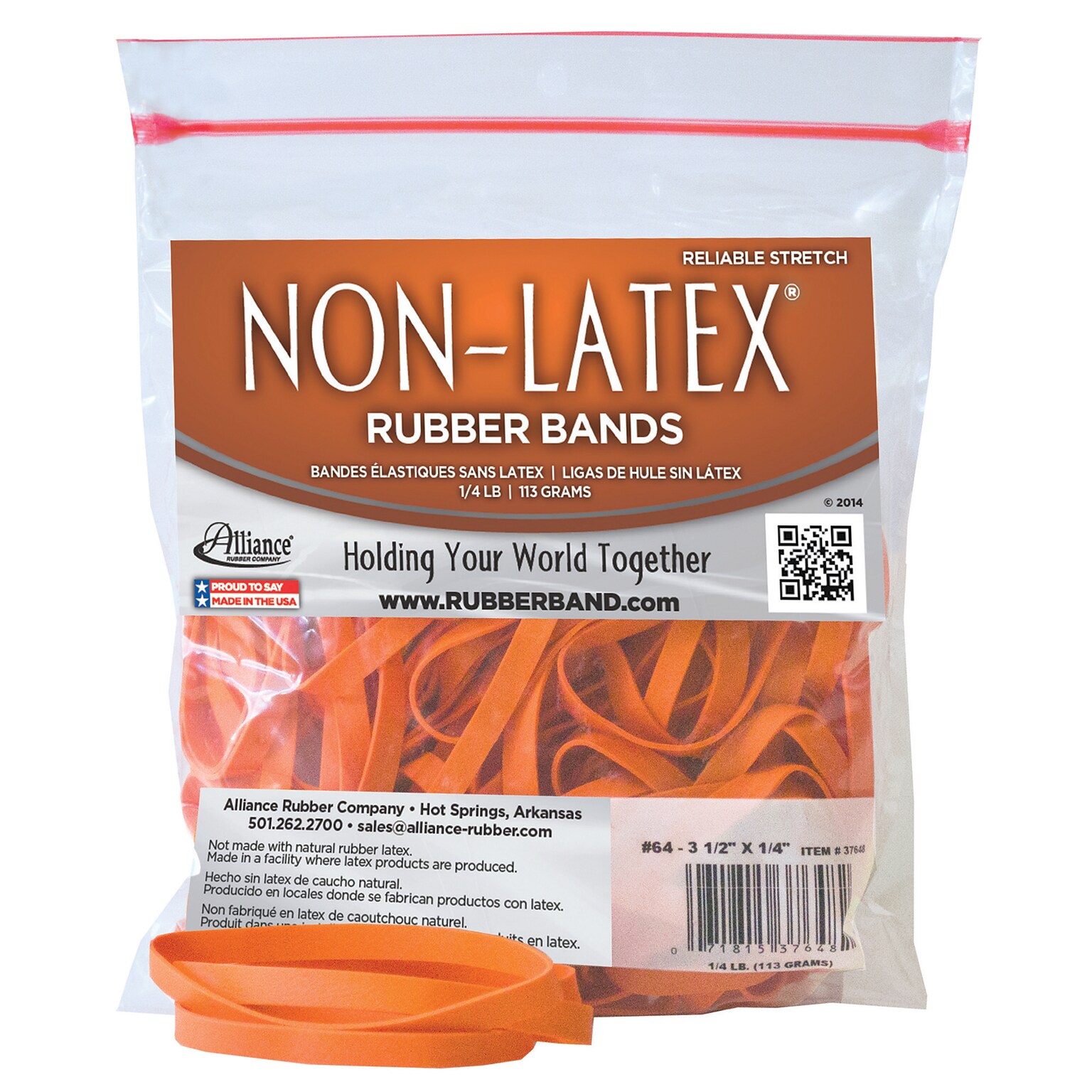 Alliance Non-Latex Multi-Purpose #64 Rubber Bands, 3-1/2 x 1/4, Non-Latex, Orange, 95/Pack (37648)