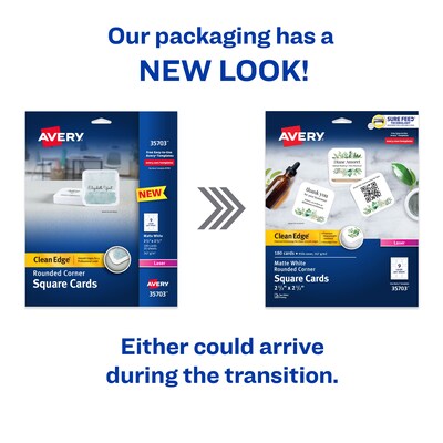 Avery Clean Edge Laser Square Cards with Rounded Corners, 2 1/2 x 2 1/2, White, 20 Sheets/Pack, 180 Cards/Pack (35703)
