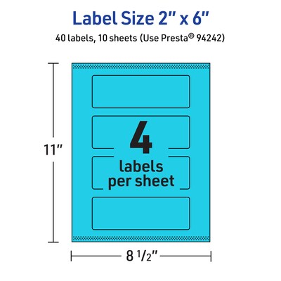 Avery Laser/Inkjet Multipurpose Rectangle Labels, 2" x 6", Bright Blue, 40/Pack (94242)