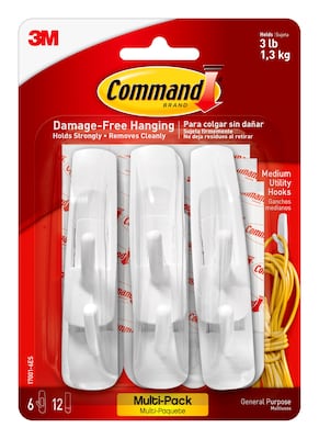 Command Medium Utility Hooks Value Pack, White, 6-Command Hooks, 6 Pairs, 12 Command Strips (17001-6