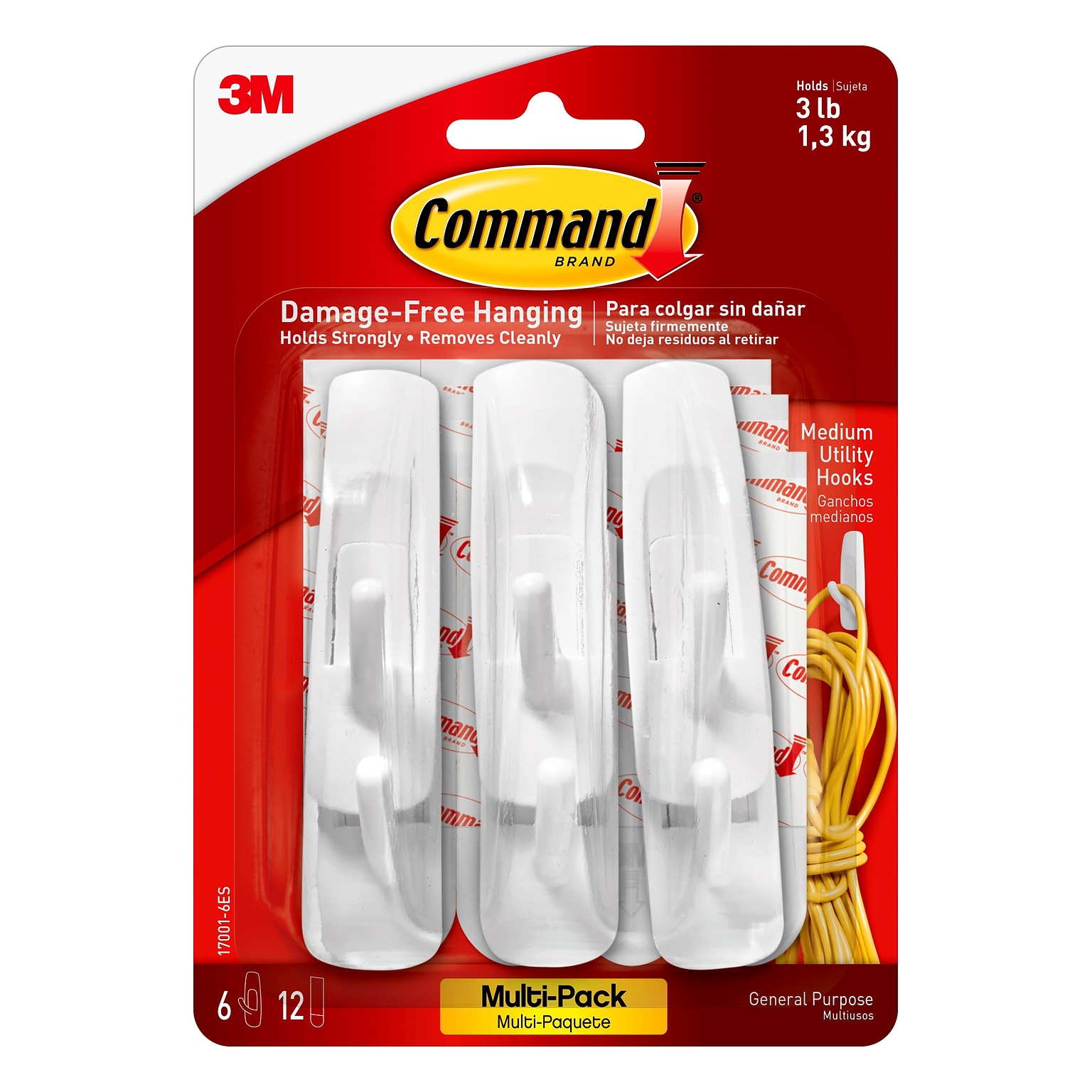 Command Medium Utility Hooks, 3 lb., White, 6/Pack (17001-6ES)