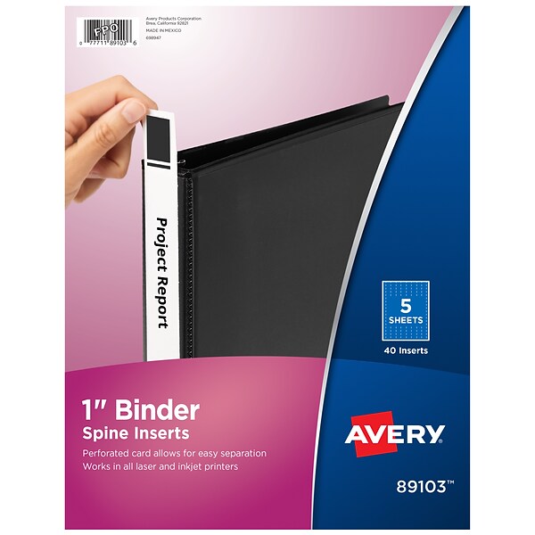 Avery Binder Spine Inserts, 1 Spine Width, White, 8 Inserts/Sheet, 5 Sheets/Pack (89103)
