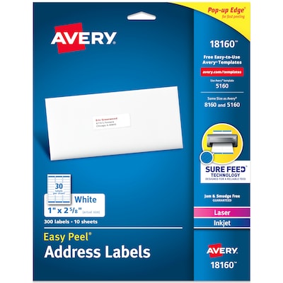 Avery Easy Peel Laser/Inkjet Address Labels, 1 x 2 5/8, Matte White, 300 Labels/Pack (18160)