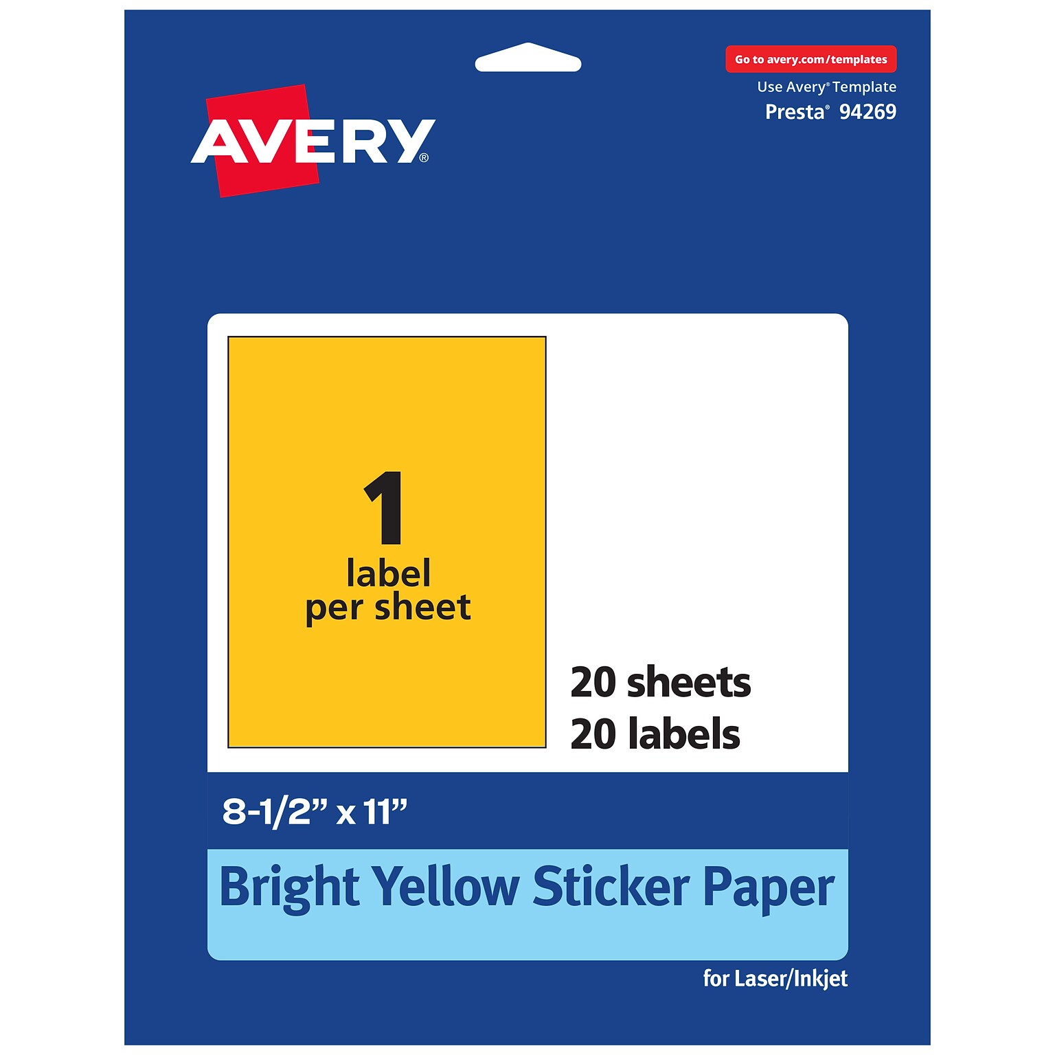 Avery Laser/Inkjet Rectangle Multipurpose Labels, 8.5 x 11, Bright Yellow, 20/Pack (94269)