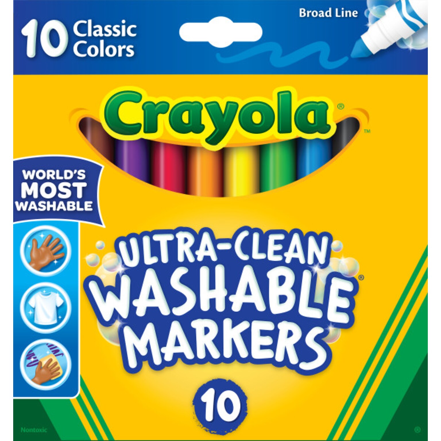 Crayola Ultra-Clean Washable Kids Markers, Broad Point, Assorted Colors, 10/Pack (58-7851)