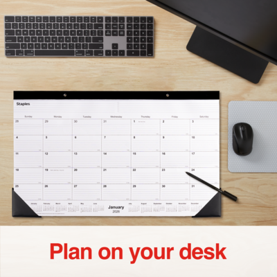 2026 Staples 18" x 11" Monthly Desk Pad Calendar, White/Black (ST17392-26)