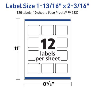 Avery TrueBlock Laser/Inkjet Rectangle Multipurpose Labels, 1-13/16" x 2-3/16", White, 120/Pack (94233)