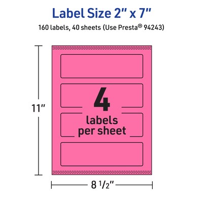 Avery Laser/Inkjet Rectangle Multipurpose Labels, 2" x 7", Bright Pink, 160/Pack (94243)