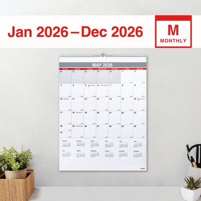 2026 Staples 22 x 29 Monthly Wall Calendar, White/Red/Gray (ST53914-26)