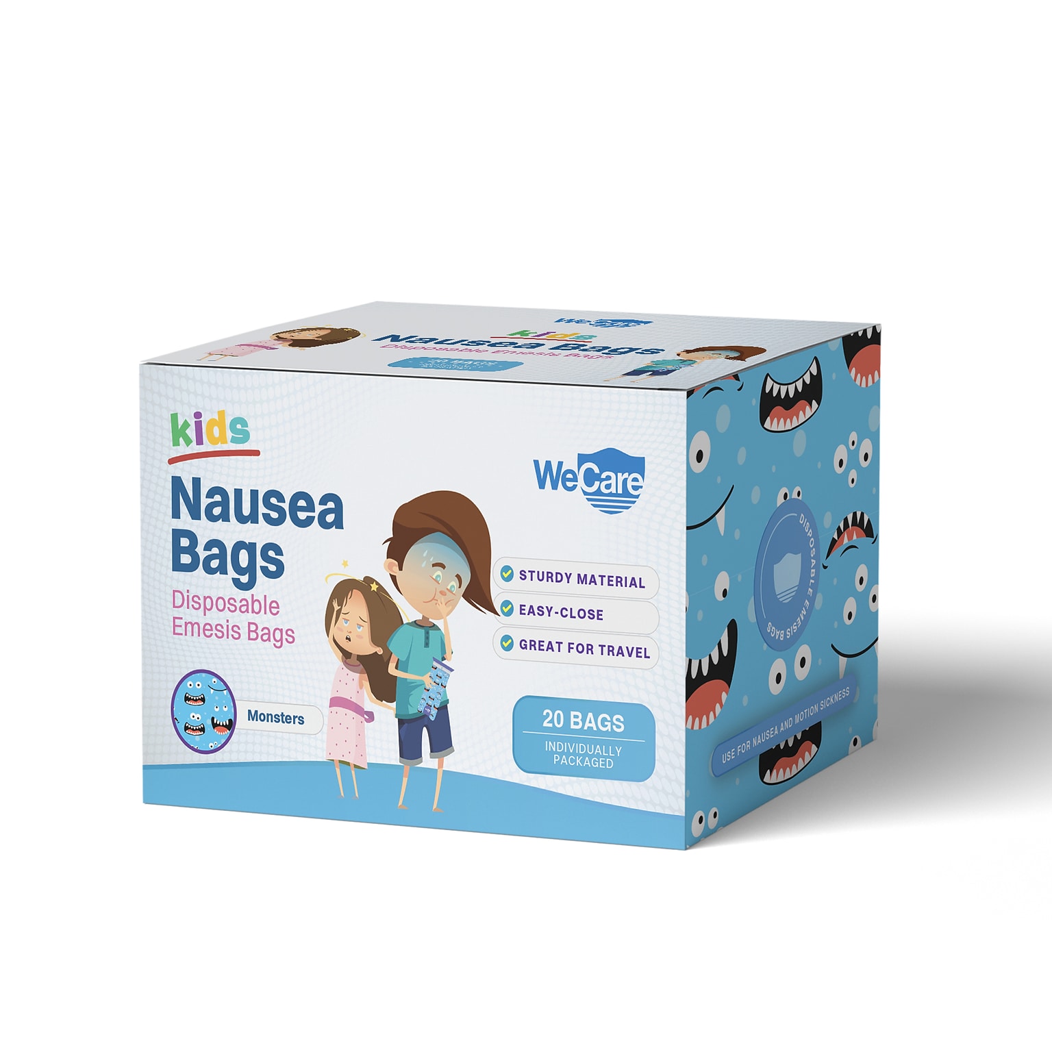 WeCare Monsters Kids Disposable Emesis Bag for Nausea and Motion Sickness, Multicolor (WC-EMES-M-20)