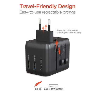 HyperGear WorldCharge Universal Travel Adapter with USB/USB A/USB C Ports, Black (15822)