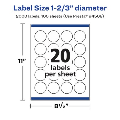 Avery Laser/Inkjet Round Multipurpose Labels, 1.67" Dia., White, 2000 Labels/Box (94508)