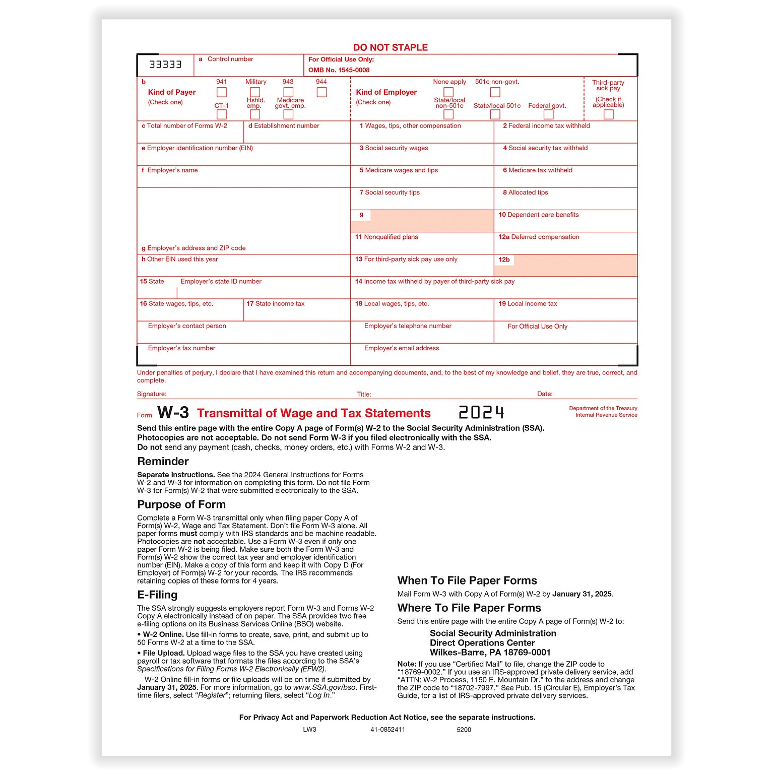 ComplyRight 2024 W-3 Tax Form, 1-Part, Transmittal, 25/Pack (520025)