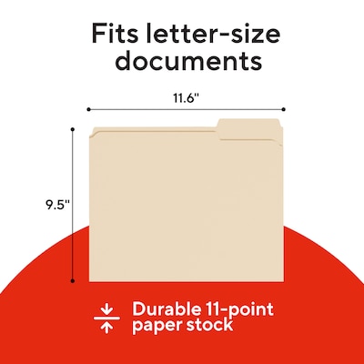 Staples File Folders, Letter Size, 1/3-Cut Tabs, Assorted Positions, Manila, Durable Paper Stock, 50/Pack