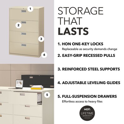 HON Brigade 600 Series 4-Drawer Lateral File Cabinet, Locking, Letter/Legal, Putty/Beige, 36"W (HON684LL)