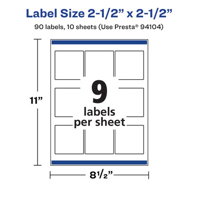 Avery Laser/Inkjet Square Durable Waterproof Labels, White, 2.5" x 2.5", 90 Labels/Pack (94104)
