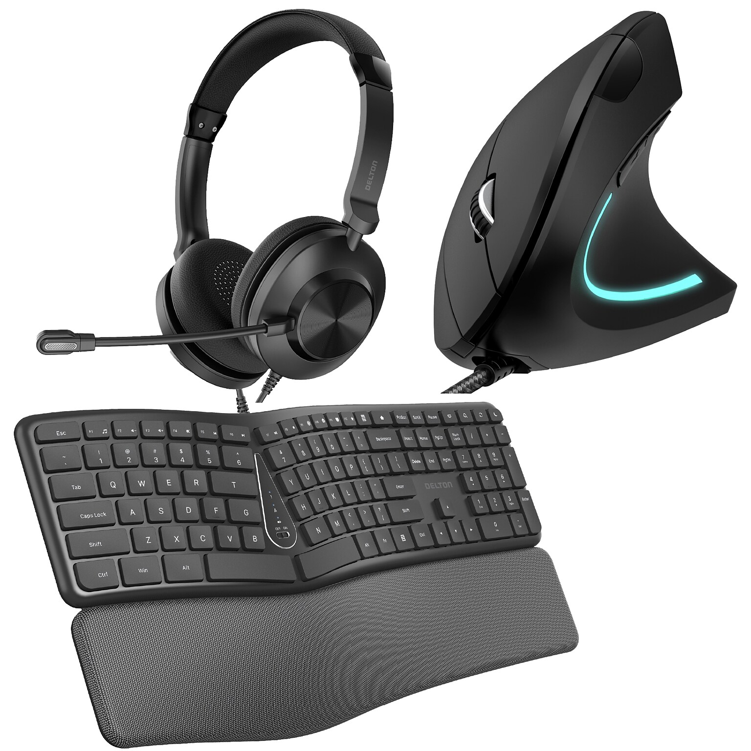 Delton E250 Wired Ergonomic Keyboard, Mouse & Headset Combo, Black (DKBE250BD1)