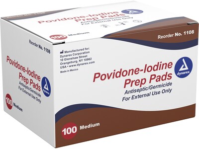 Dynarex 10% Povidone-Iodine Antiseptic Prep Pad, 100/Box, 5 Boxes/Pack (1108)