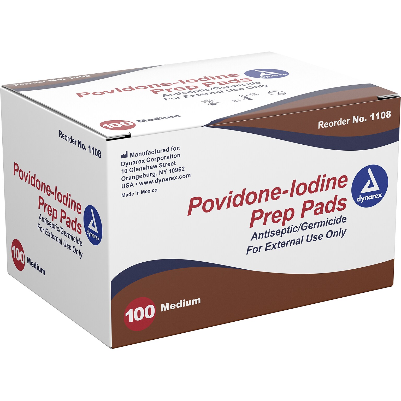 Dynarex 10% Povidone-Iodine Antiseptic Prep Pad, 100/Box, 5 Boxes/Pack (1108)