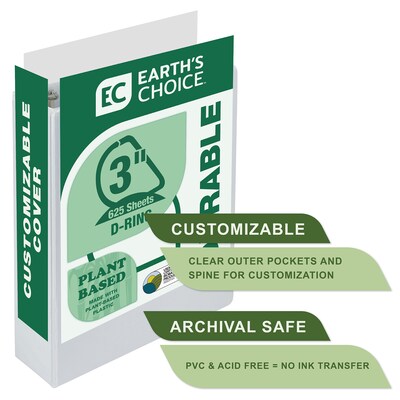 Samsill Earth's Choice Plant-Based Durable 3" View Binders, D-Ring, Made in USA, White (16987)
