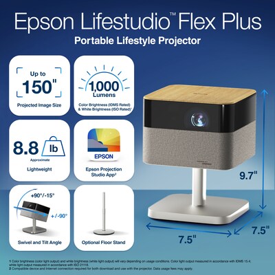 Epson Lifestudio Flex Plus Wireless 4K PRO-UHD Portable Lifestyle Projector, Black (V11HB76620)