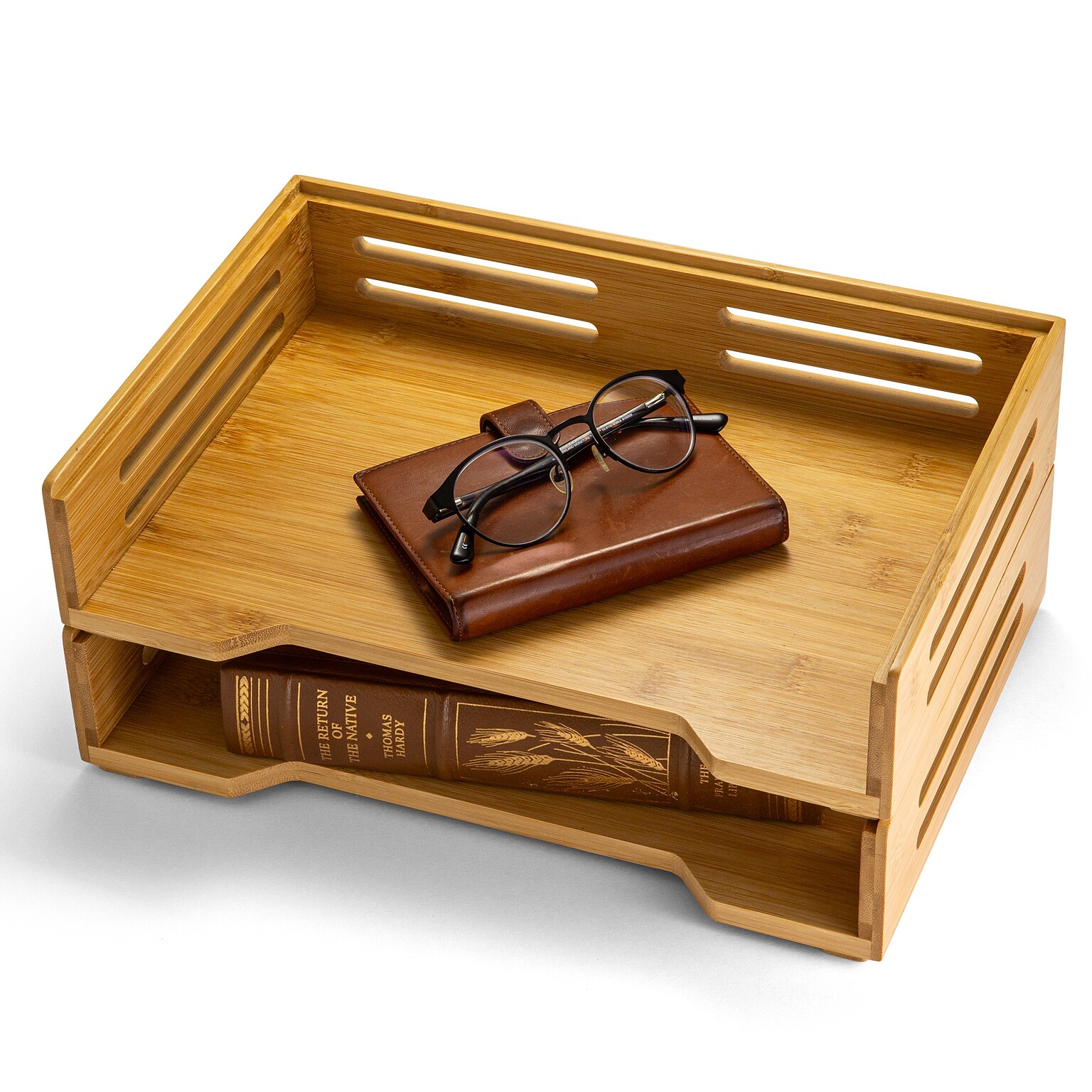 Officemate Bamboo Desk Accessories 2-Compartment Stackable Wood Desk Organizer, Natural wood grain, 2/Pack (71004)