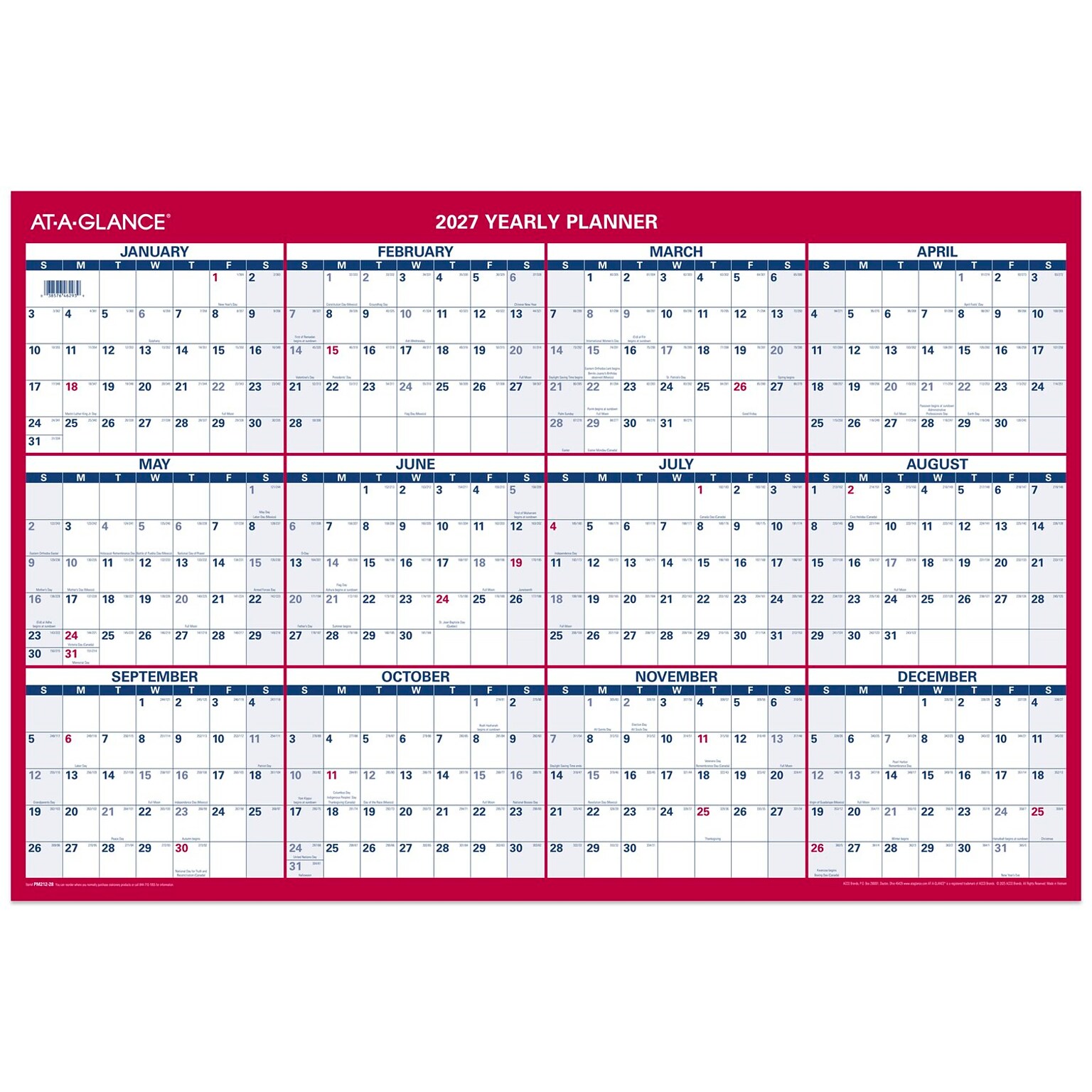 2027 AT-A-GLANCE 36 x 24 Yearly Wall Calendar, Reversible, White/Red (PM212-28-27)