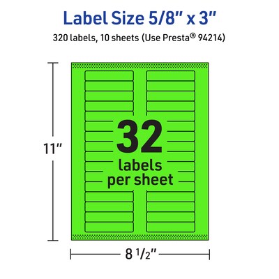 Avery Laser/Inkjet Multipurpose Rectangle Labels, 5/8" x 3", Neon Green, 320/Pack (94214)