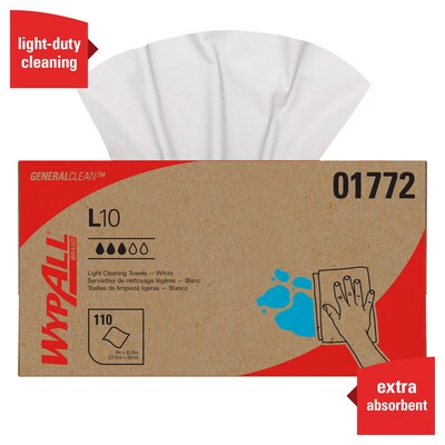 WypAll GeneralClean L10 Fabric Cleaning Wipers, 10.25" x 9", White, 110 Wipers/Box, 18/Carton (01772)