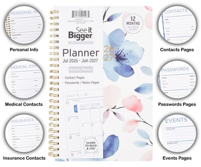 2026-2027 PlanAhead See It Bigger 5.5" x 8.75" Academic Weekly & Monthly Planner, Paperboard Cover, Floral (90123)