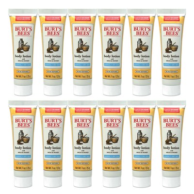 Burts Bees Milk & Honey Lotion, 1 oz Bottle, 12 Bottles/Bag, 6 Bags/Carton