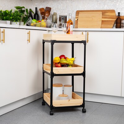 Mind Reader Woodland Collection 3-Shelf Mixed Materials Mobile Utility Cart with Lockable Wheels, Black (3TCARRY-BLK)