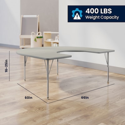 Flash Furniture Wren Horseshoe Activity Table, 66" x 60", Height Adjustable, Light Gray Top/Silver Frame (XUA6066HRSLGTP)