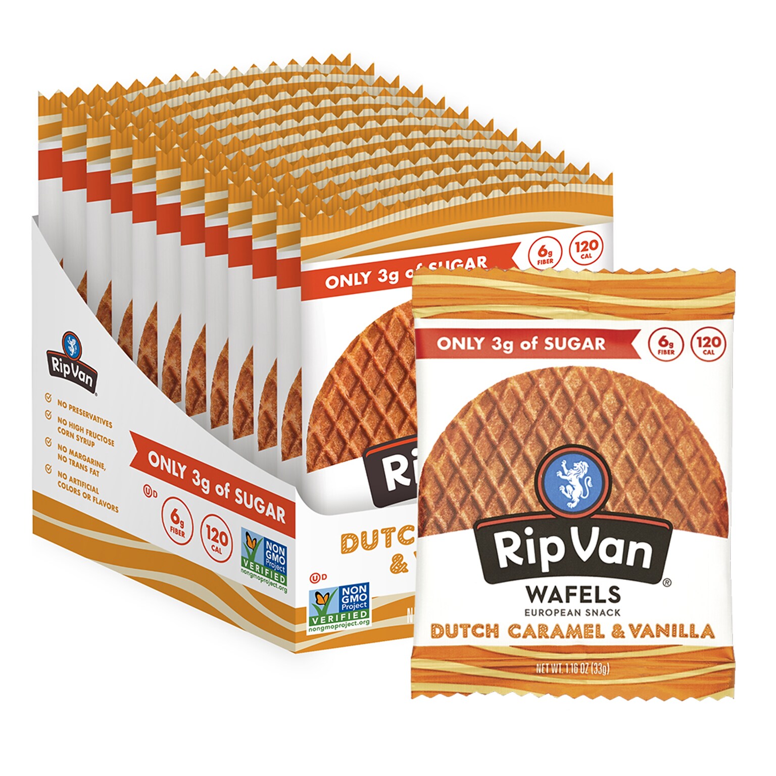 Rip Van Wafels Dutch Caramel and Vanilla Stroopwafels, 1.16 oz., 12 Packs/Box, 12/Box (RVW00334)