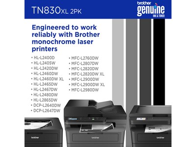 Brother TN830XL Black High Yield Toner Cartridge 2/Pack (TN830XL2PK), print up to 3,000 pages