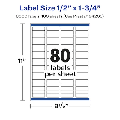 Avery Laser/Inkjet Rectangle Multipurpose Labels, 0.5" x 1.75", White, 8000 Labels/Box (94203)