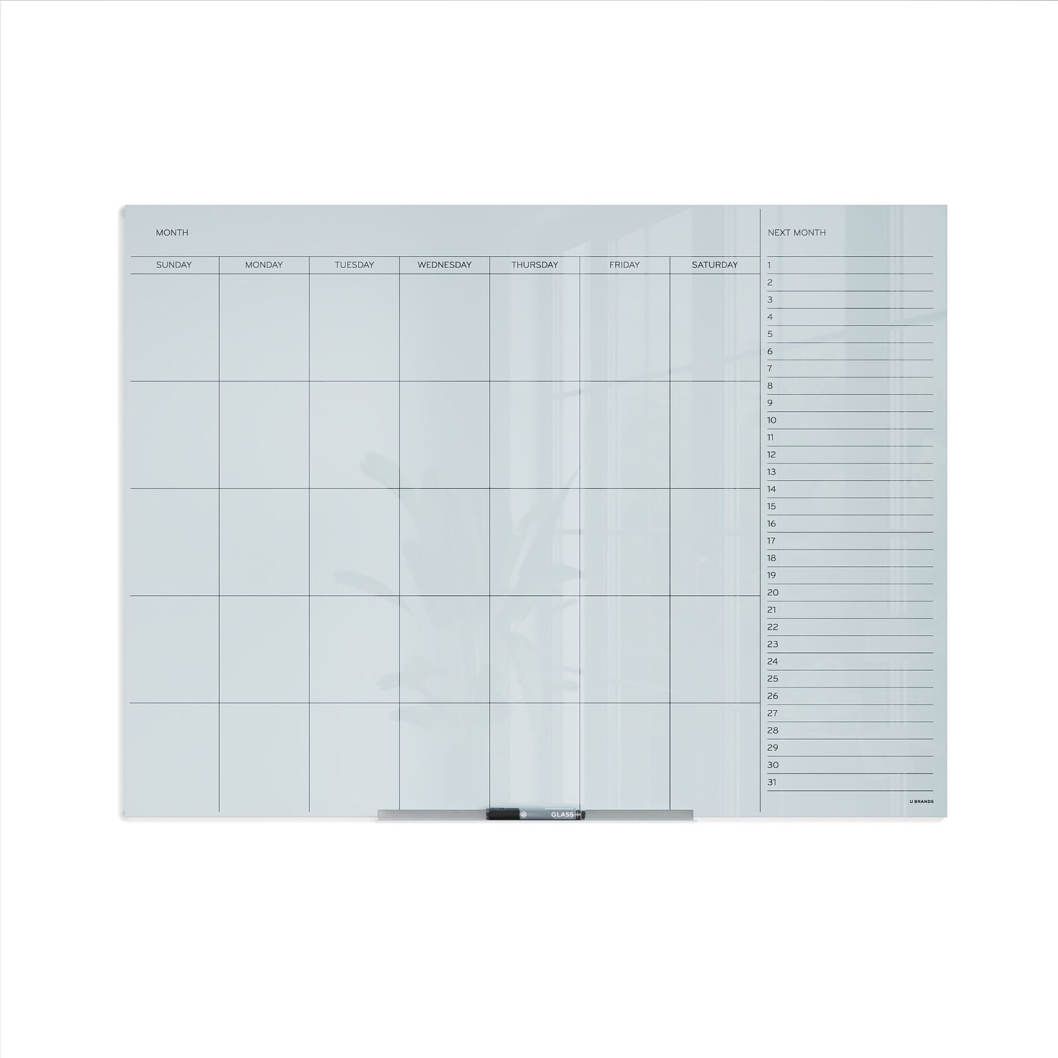 U Brands Floating Glass Dry Erase Calendar Board, Frameless, 47 x 35, White Frosted Surface (2776U00-01)