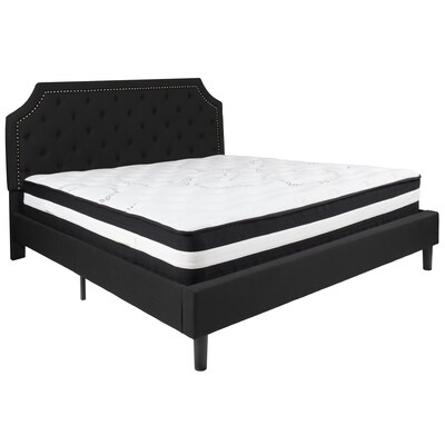 Flash Furniture Brighton Tufted Upholstered Platform Bed in Black Fabric with Pocket Spring Mattress