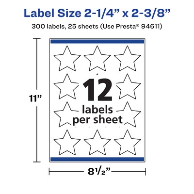 Avery Star Laser/Inkjet Burst Multipurpose Labels, 2-1/4" x 2-3/8", White, 300 Labels/Pack (94611)