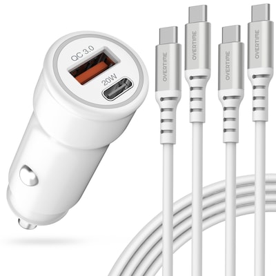 Overtime 38W Dual Port Car Charger and Two 6-Foot USB-C to USB-C Cables Bundle, White (OTC2PD6TCX2)