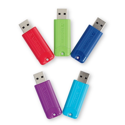 Verbatim PinStripe 16GB USB 3.2 Type A Flash Drive, Assorted Colors, 5/Pack (70387)