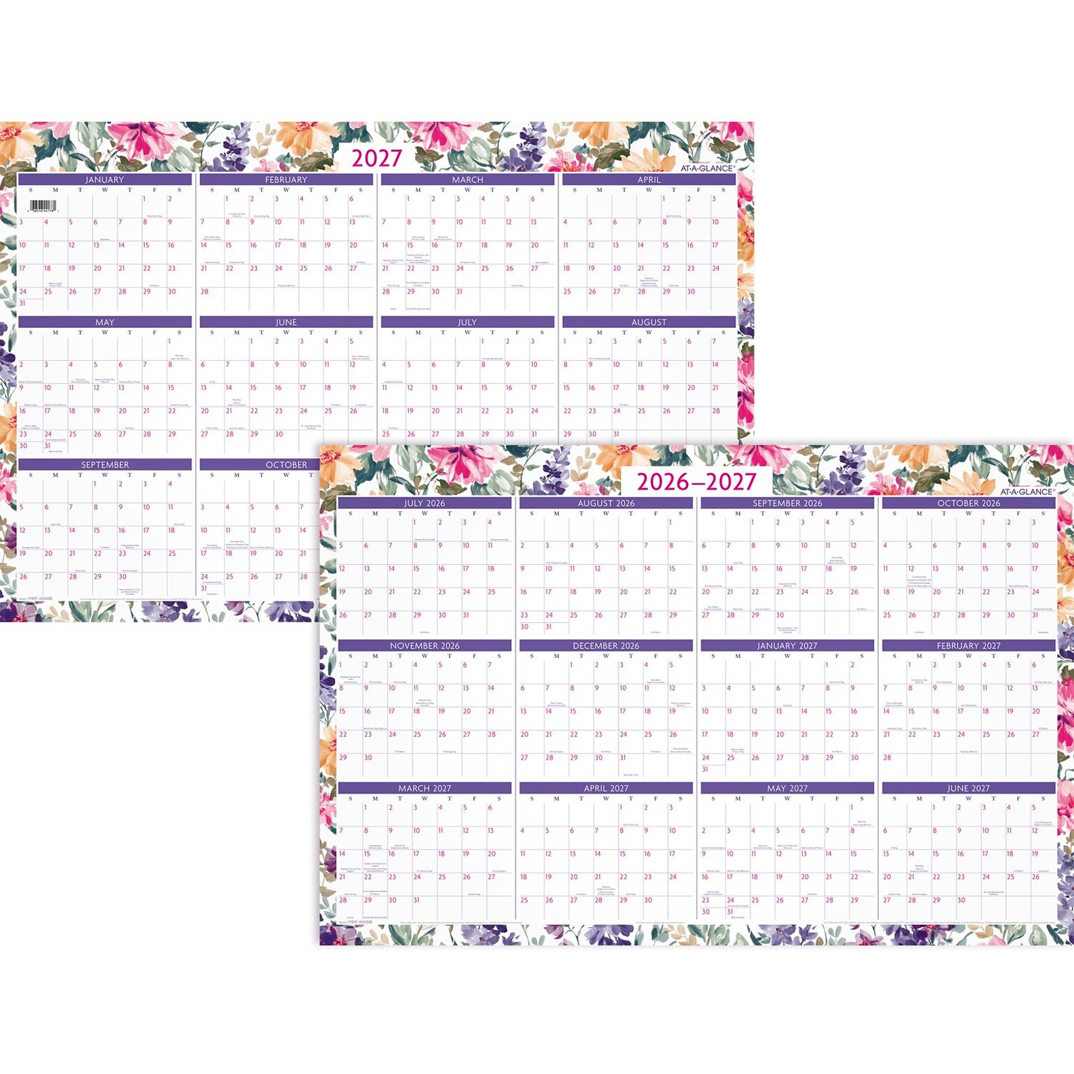 2026-2027 AT-A-GLANCE Badge Floral 36 x 24 Academic & Calendar Year Dry-Erase Wall Calendar, Reversible (1791F-550P-27)