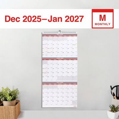 2026 Staples 12 x 27 Three-Month Wall Calendar, White/Red/Gray (ST53920-26)